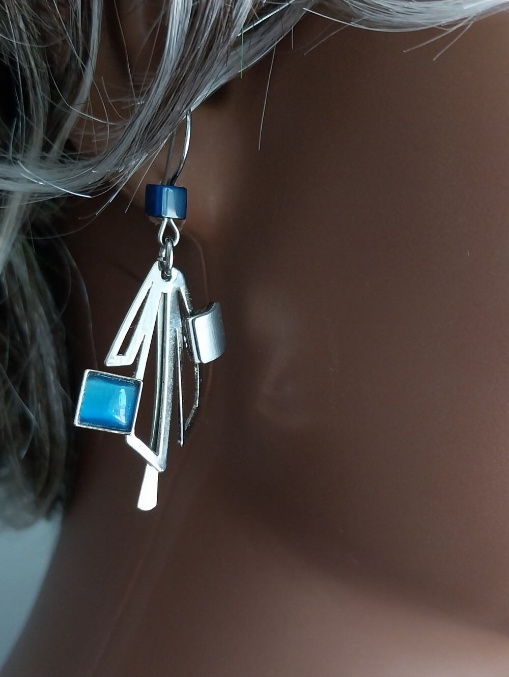 Contemporary Blue Geometric Dangle Earrings - Silver Tone